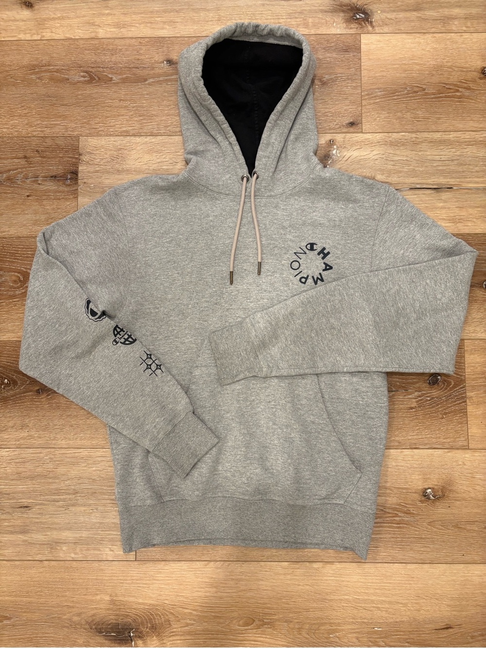 Men’s Champion Gray Pullover Hoodie with Black Lining and Logo- Size S